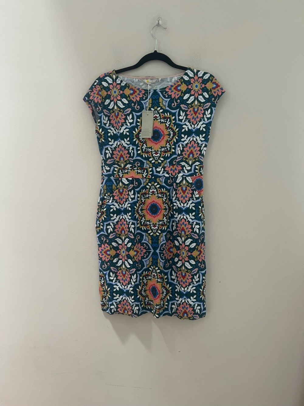 Boden Teal Floral Mosaic Cap-Sleeve Midi Dress - Picture 4 of 13